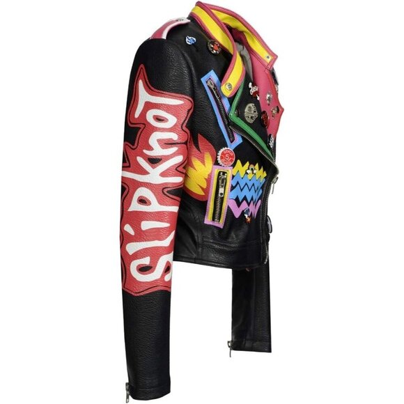 Women's Punk Floral Embroidered short Faux Leather Jacket Moto PU Coat. - Picture 3 of 4